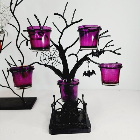 Lot of 2 Halloween Glass Votive Candle Holders Bats Spiders Metal Tree Spooky - Picture 9 of 13